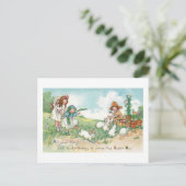 ヴィンテージ魅力的イースターバニーと子ども ポストカード (スタンド正面)