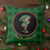 ヴィンテージ魅力的ガールと傘の緑の格子模様 クッション