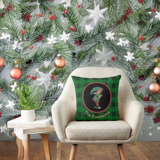 ヴィンテージ魅力的ガールと傘の緑の格子模様 クッション