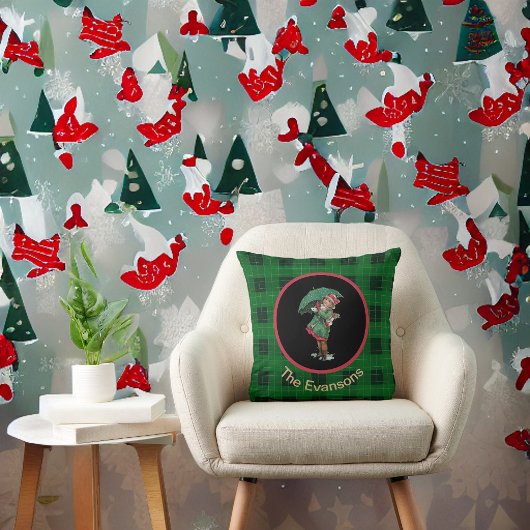 ヴィンテージ魅力的ガールと傘の緑の格子模様 クッション