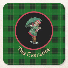 ヴィンテージ魅力的ガール傘を緑に スクエアペーパーコースター