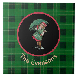 ヴィンテージ魅力的ガール傘を緑に タイル