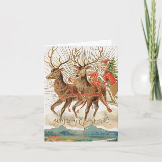 ヴィンテージ魅力的サンタ+トナカイのメリークリスマス シーズンカード (正面)