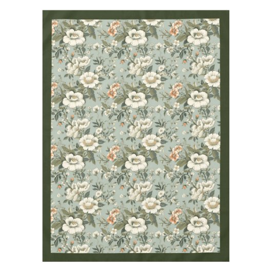 ヴィンテージ魅力的ソフトパステルグリーン白い花 テーブルクロス (正面)