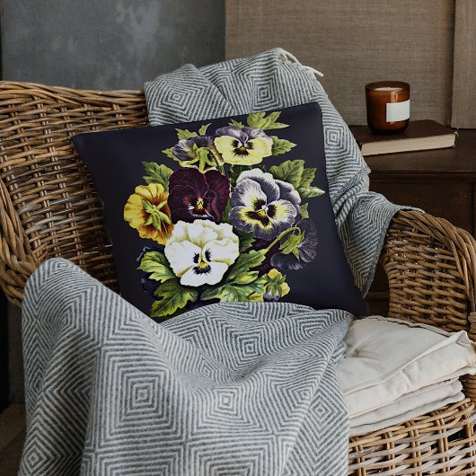 ヴィンテージ魅力的パンジーDark Midnight Blue クッション