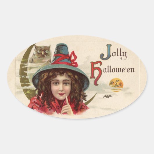 ヴィンテージ魔女とフクロウのシール 楕円形シール (正面)