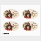 ヴィンテージ魔女とフクロウのシール 楕円形シール (シート)