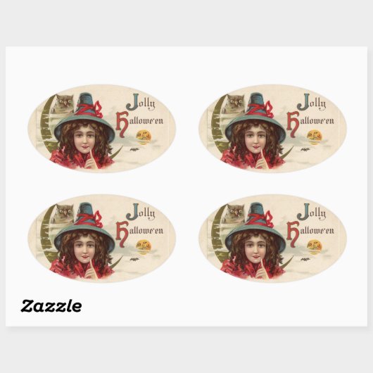 ヴィンテージ魔女とフクロウのシール 楕円形シール (シート)