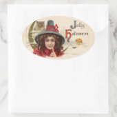 ヴィンテージ魔女とフクロウのシール 楕円形シール (バッグ)