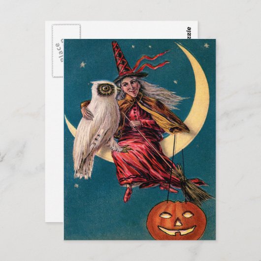 ヴィンテージ魔女とフクロウのハッピーハローウィン挨拶 ポストカード (正面/裏面)