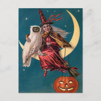 ヴィンテージ魔女とフクロウのハッピーハローウィン挨拶 ポストカード