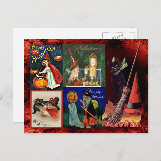 ヴィンテージ魔女と黒猫のコラージュ ポストカード (正面/裏面)
