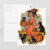 ヴィンテージ魔女と黒猫のハロウィン ポストカード (正面/裏面)