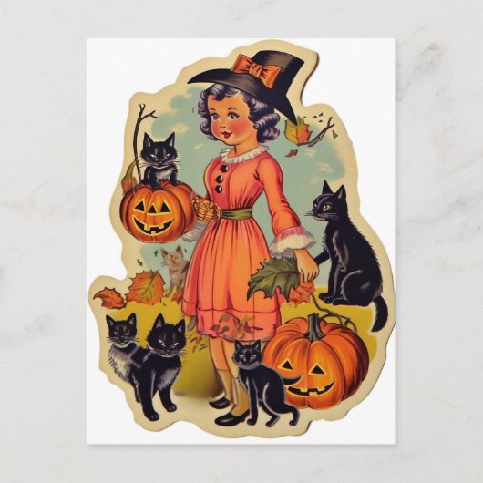 ヴィンテージ魔女と黒猫のハロウィン ポストカード (正面)