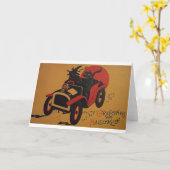 ヴィンテージ魔女と黒猫の車のハロウィンカード カード (黄色い花)