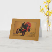 ヴィンテージ魔女と黒猫の車のハロウィンカード カード (黄色い花)