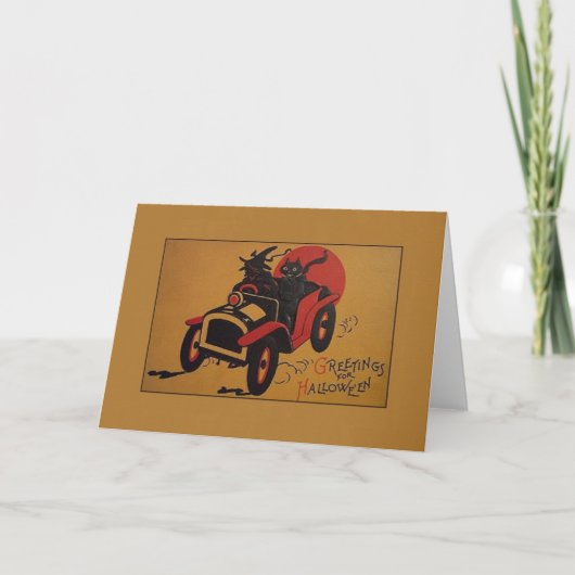 ヴィンテージ魔女と黒猫の車のハロウィンカード カード (正面)