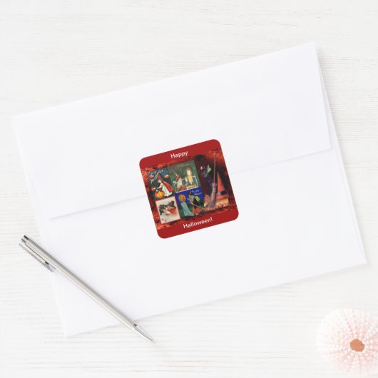 ヴィンテージ魔女と黒猫コラージュ スクエアシール (封筒)