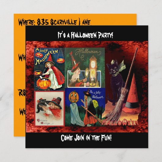ヴィンテージ魔女と黒猫コラージュ 招待状 (正面/裏面)