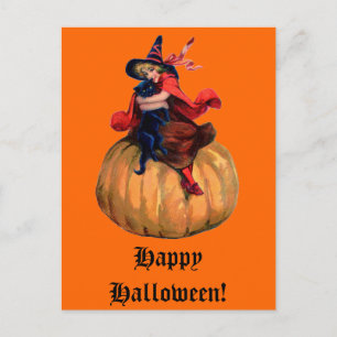 ヴィンテージ魔女と黒猫ハロウィンカード シーズンポストカード