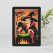 ヴィンテージ魔女と黒猫ハロウィン不気味パーティー 招待状 (スタンド正面)