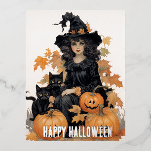 ヴィンテージ魔女と黒猫ハロウィン 箔シーズンポストカード