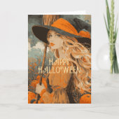 ヴィンテージ魔女のほうきパンプキン 高級ハロウィン カード (正面)