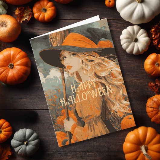 ヴィンテージ魔女のほうきパンプキン 高級ハロウィン カード