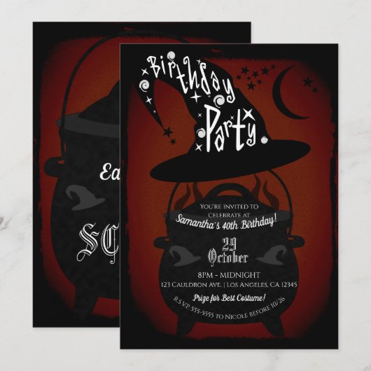 ヴィンテージ魔女の鍋 誕生日 ハロウィンパーティー 招待状 (正面/裏面)
