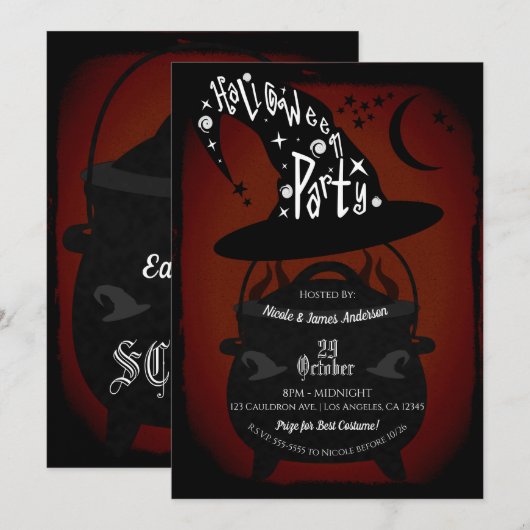 ヴィンテージ魔女の鍋 赤 ハロウィンパーティ レトロ 招待状 (正面/裏面)