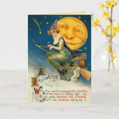 ヴィンテージ魔女ハロウィン飛んでいるカード女の箒 カード (黄色い花)