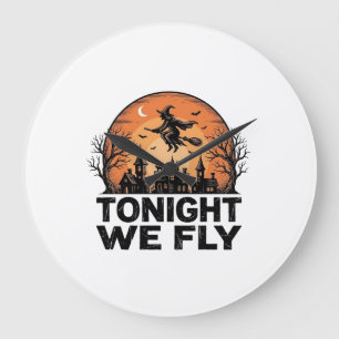 ヴィンテージ魔女ハロウィンTシャツデザイン 今夜は飛ぶ ラージ壁時計
