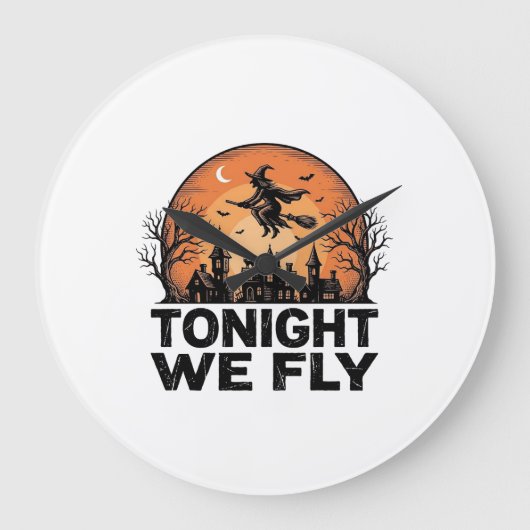 ヴィンテージ魔女ハロウィンTシャツデザイン 今夜は飛ぶ ラージ壁時計 (正面)