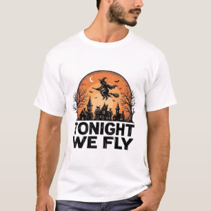 ヴィンテージ魔女ハロウィンTシャツデザイン 今夜は飛ぶ Tシャツ