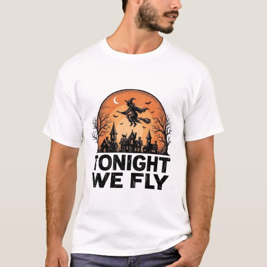 ヴィンテージ魔女ハロウィンTシャツデザイン 今夜は飛ぶ Tシャツ (正面)