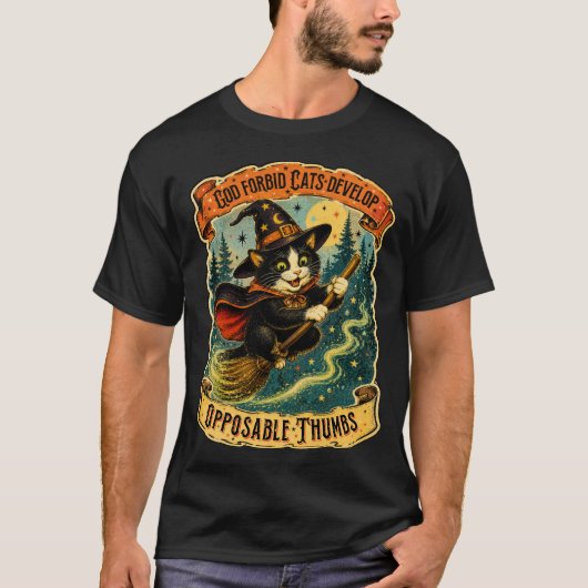 ヴィンテージ魔女猫のほうきに乗ったハロウィン Tシャツ (正面)