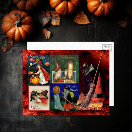 ヴィンテージ魔女黒猫コラージュ大はがき 招待状