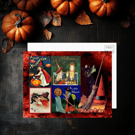 ヴィンテージ魔女黒猫コラージュ大はがき 招待状