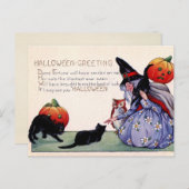 ヴィンテージ魔女黒猫フクロウハロウィンハガキ ポストカード (正面/裏面)