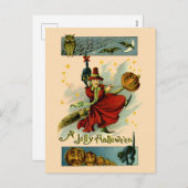 ヴィンテージ魔女黒猫&こうもりハロウィーン シーズンポストカード (正面/裏面)