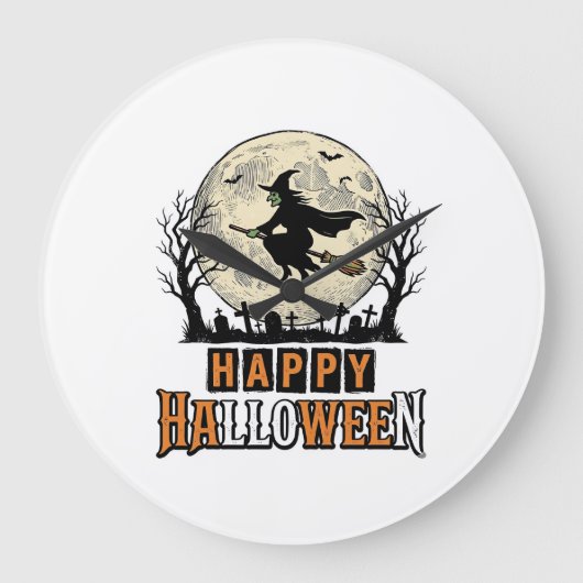 ヴィンテージ魔女 ハッピーハロウィンベクター デザイン_1 ラージ壁時計 (正面)