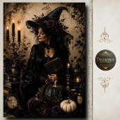 ヴィンテージ魔女 黒猫 紫のバラ ハロウィンアート 薄葉紙