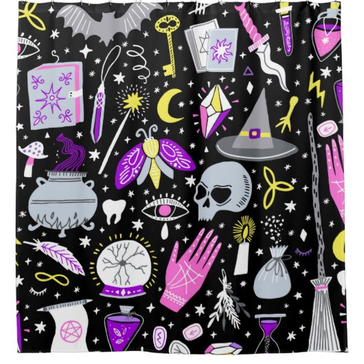 ヴィンテージ魔法スイッチのシームレスなパターン。魔法b シャワーカーテン (正面)