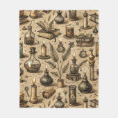 ヴィンテージ魔術の本&ろうそく模様 フリースブランケット (正面)