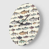 ヴィンテージ魚のスケッチ、シームレスなパターン。 ラージ壁時計 (傾斜)