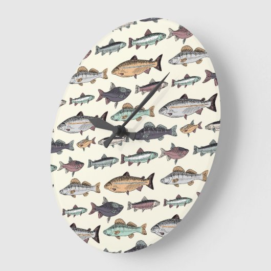 ヴィンテージ魚のスケッチ、シームレスなパターン。 ラージ壁時計 (傾斜)