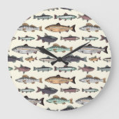ヴィンテージ魚のスケッチ、シームレスなパターン。 ラージ壁時計 (正面)