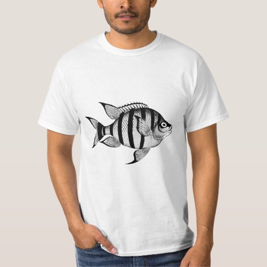 ヴィンテージ魚海洋生物海動物イラストレーション Tシャツ (正面)