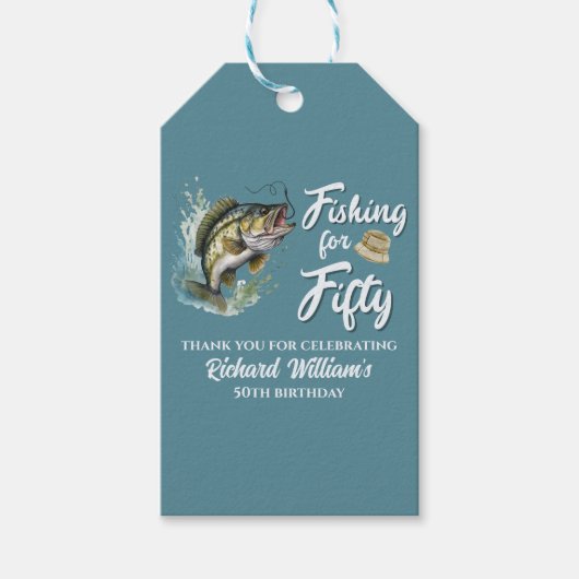 ヴィンテージ魚釣りをテーマにした50歳の誕生日パーティー ギフトタグ (正面)