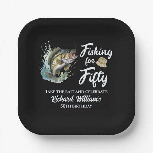 ヴィンテージ魚釣りをテーマにした50歳の誕生日パーティー ペーパープレート (正面)